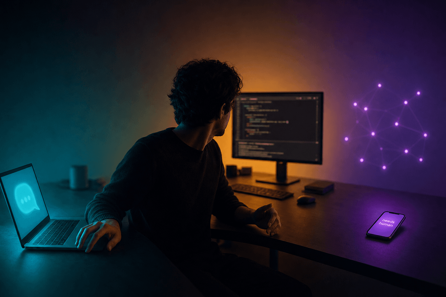One operator's workspace where all three postures coexist as lit zones along a single long desk: a cyan-lit laptop with a chat bubble at the human's left hand, an amber-lit IDE monitor in the center showing an agent at work while the human watches, and a violet-lit phone at the right end of the desk displaying a single notification reading "needs human" with a faint constellation of agent nodes glowing on the back wall behind it.