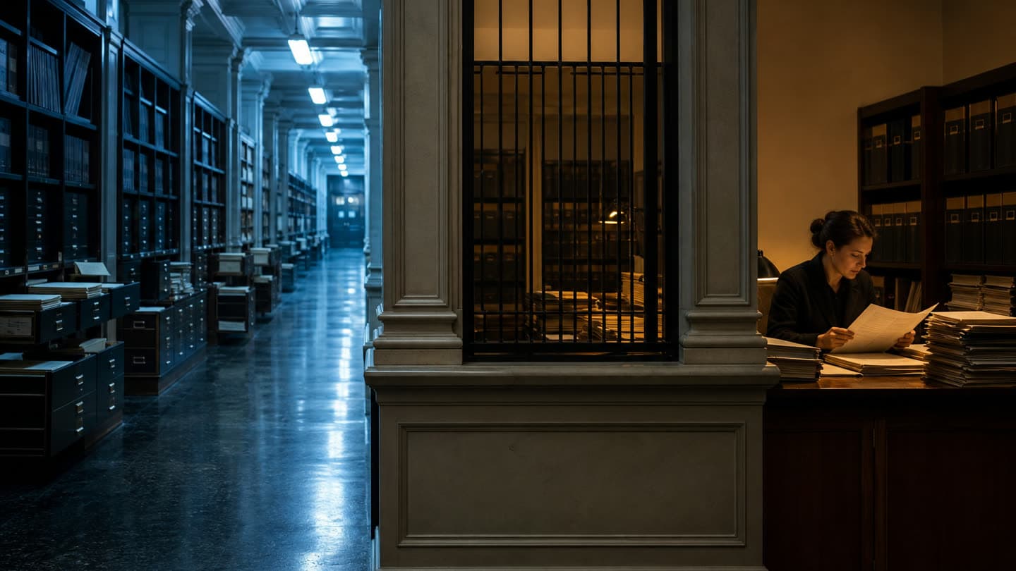 A cool blue archive corridor recedes past open filing drawers and shelf after shelf of boxed records. A stone pier with a barred window separates it from a warm amber alcove, where one woman reads a single sheet beside paper stacks taller than the binders behind her.