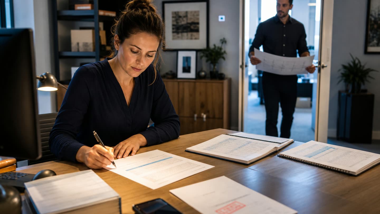 Close and warm, a woman marks a printed form with a pen among open bound reports, loose pages and one red-stamped sheet. Behind her, framed in a cooler doorway, a man stands holding a large unfolded plan, too far off to see the line she is correcting.
