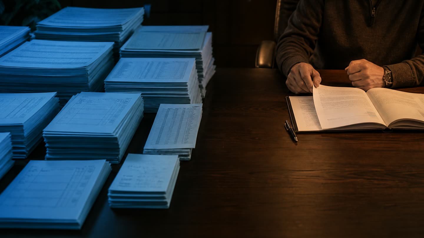 One long table split by light. Under cool blue, dozens of identical printed forms stack up in rows. Under warm light at the far end, a seated figure's hands rest on a single open document with one pen beside it, and nothing on that side is stacked.