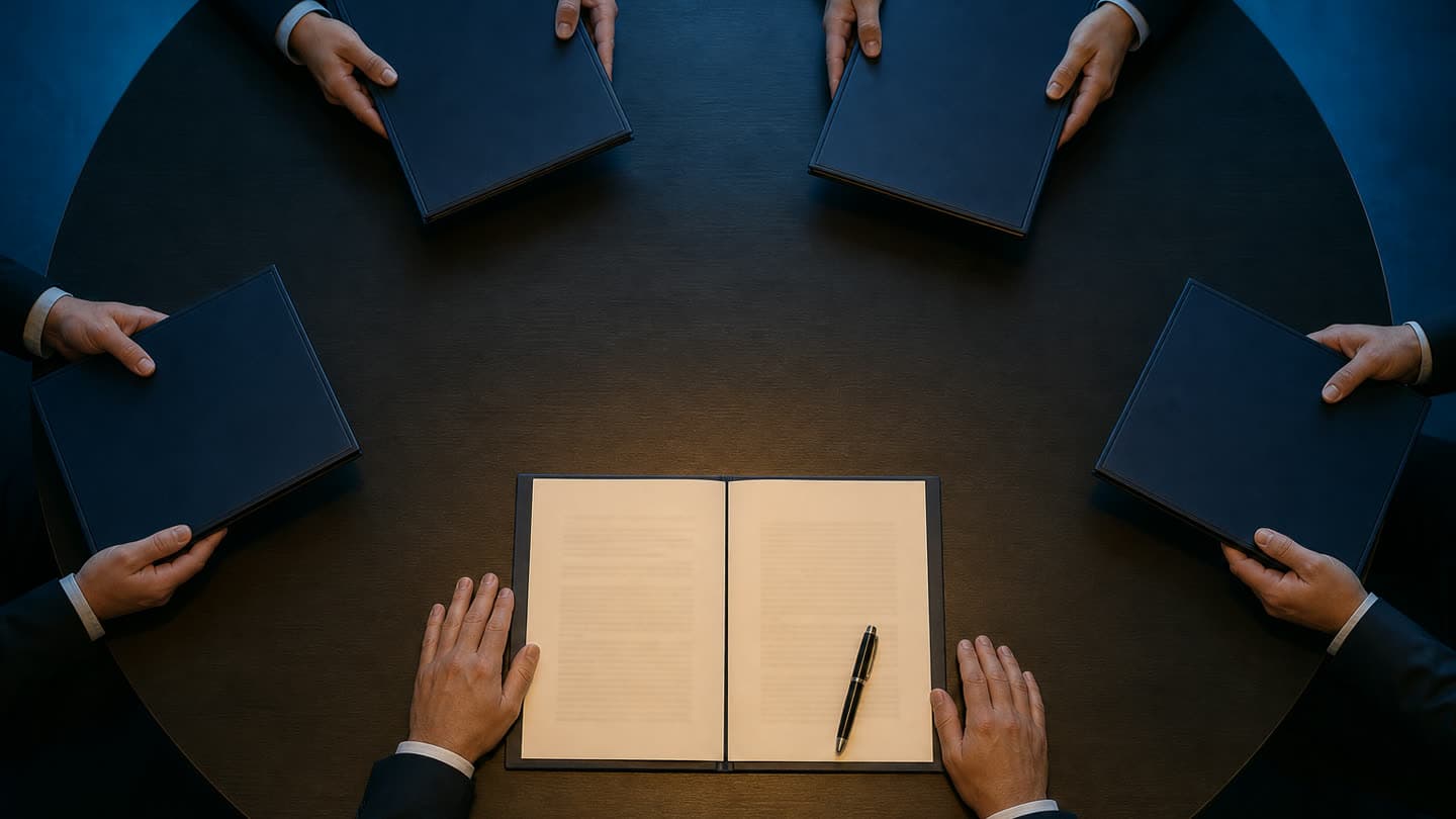 Seen from above, a round table. At the warm centre, one open document with a pen and a pair of hands resting either side of it. Around the rim in cooler light, four more pairs of hands each hold an identical closed folder, and none of them reaches the middle.