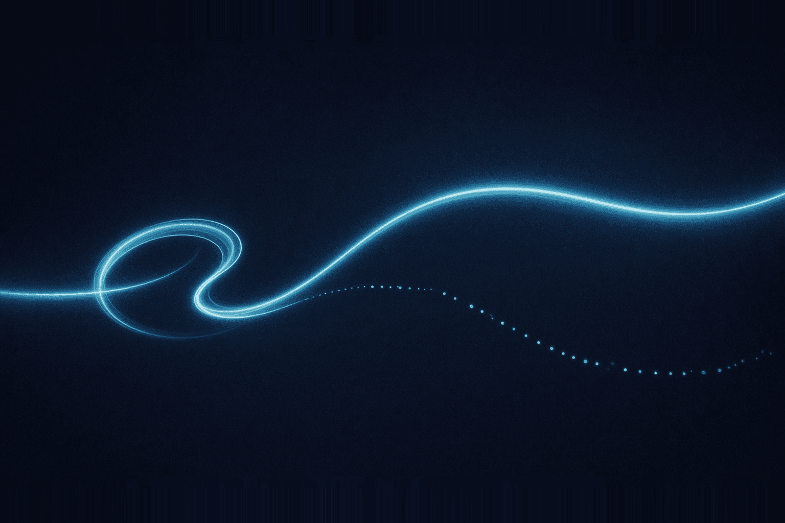 A luminous cyan line spirals into a signature-like flourish, then splits into two diverging paths: one continuous and bright, the other dimmer and broken into dashes.