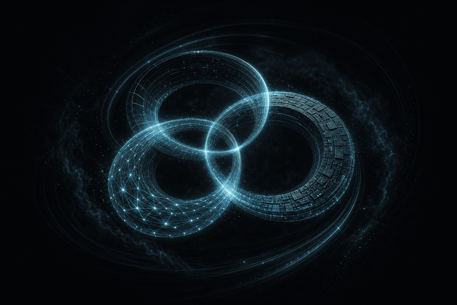 Abstract editorial hero: three interlocking rings of cyan light — software, silicon, and network — turning as one flywheel on a dark field.