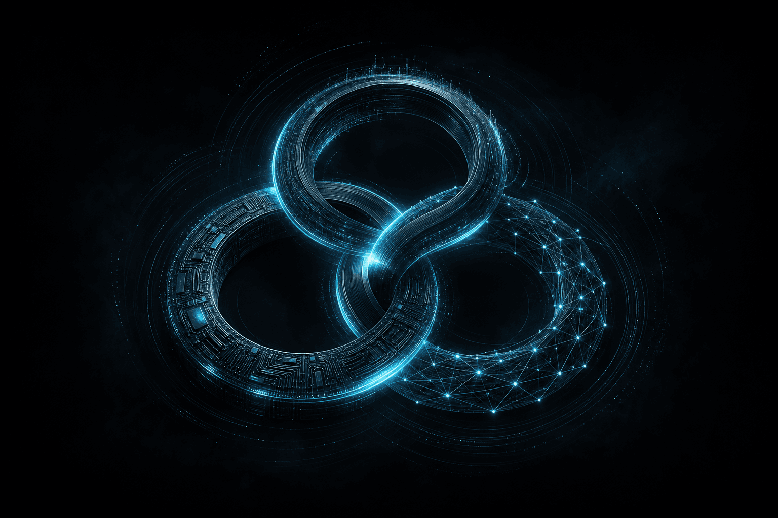 Abstract editorial hero: three interlocking rings of cyan light — software, silicon, and network — turning as one flywheel on a dark field.