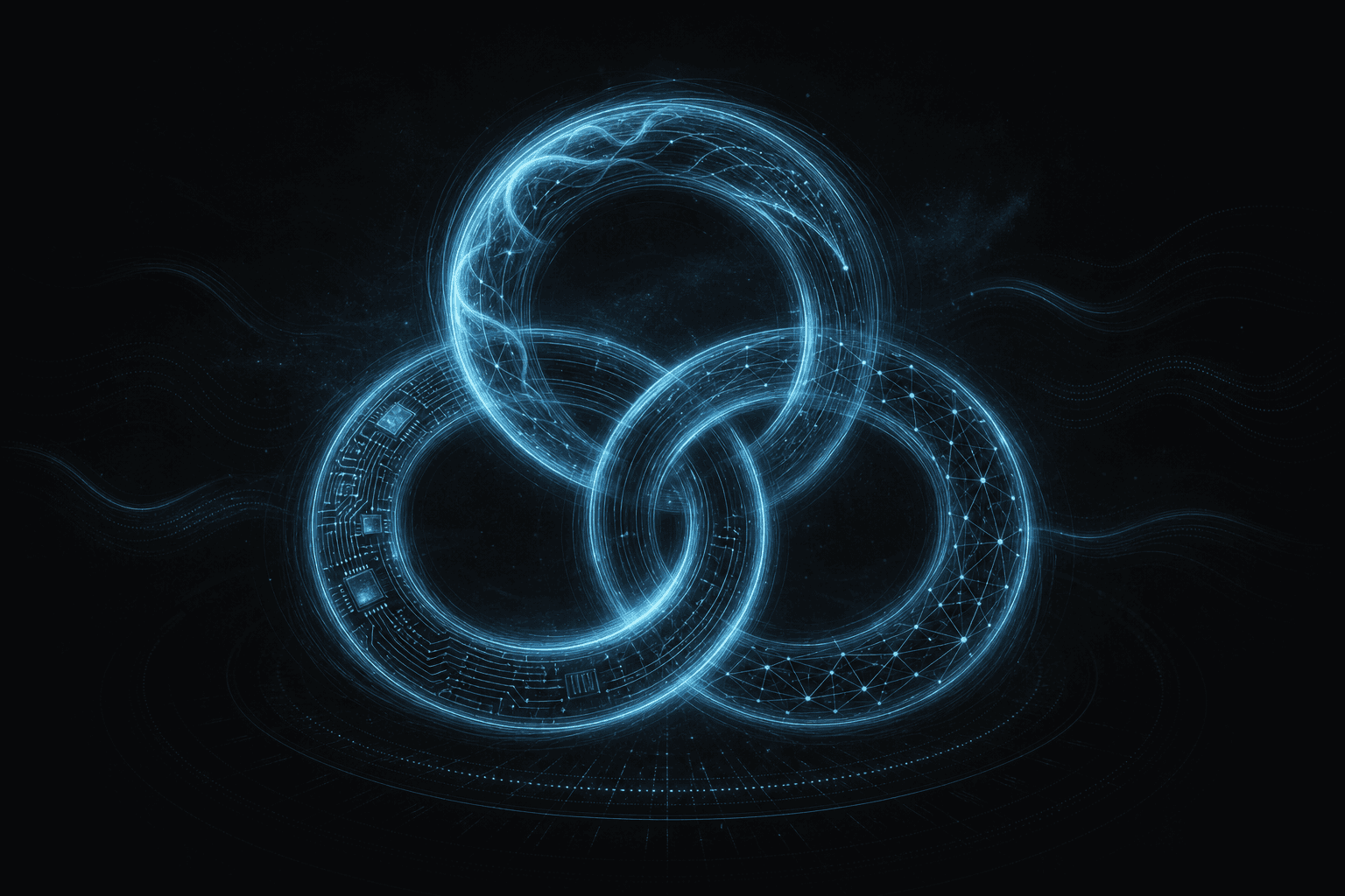 Abstract editorial hero: three interlocking rings of cyan light — software, silicon, and network — turning as one flywheel on a dark field.