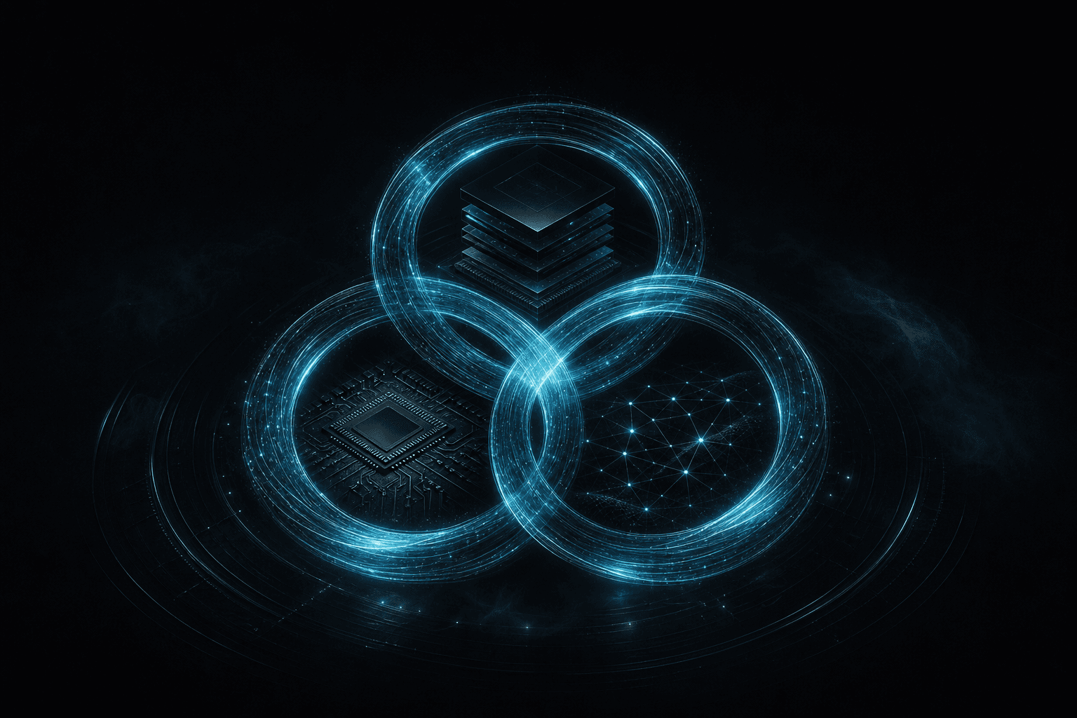 Abstract editorial hero: three interlocking rings of cyan light — software, silicon, and network — turning as one flywheel on a dark field.