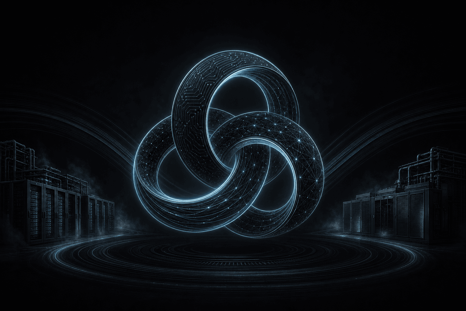 Abstract editorial hero: three interlocking rings of cyan light — software, silicon, and network — turning as one flywheel on a dark field.