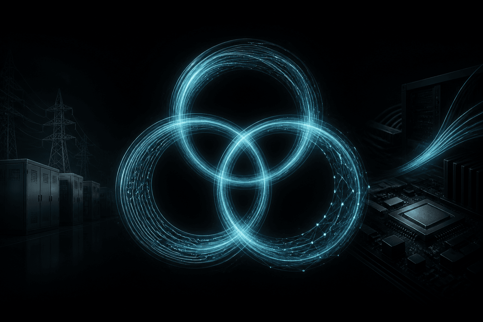 Abstract editorial hero: three interlocking rings of cyan light — software, silicon, and network — turning as one flywheel on a dark field.