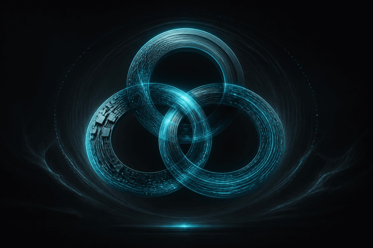 Abstract editorial hero: three interlocking rings of cyan light — software, silicon, and network — turning as one flywheel on a dark field.