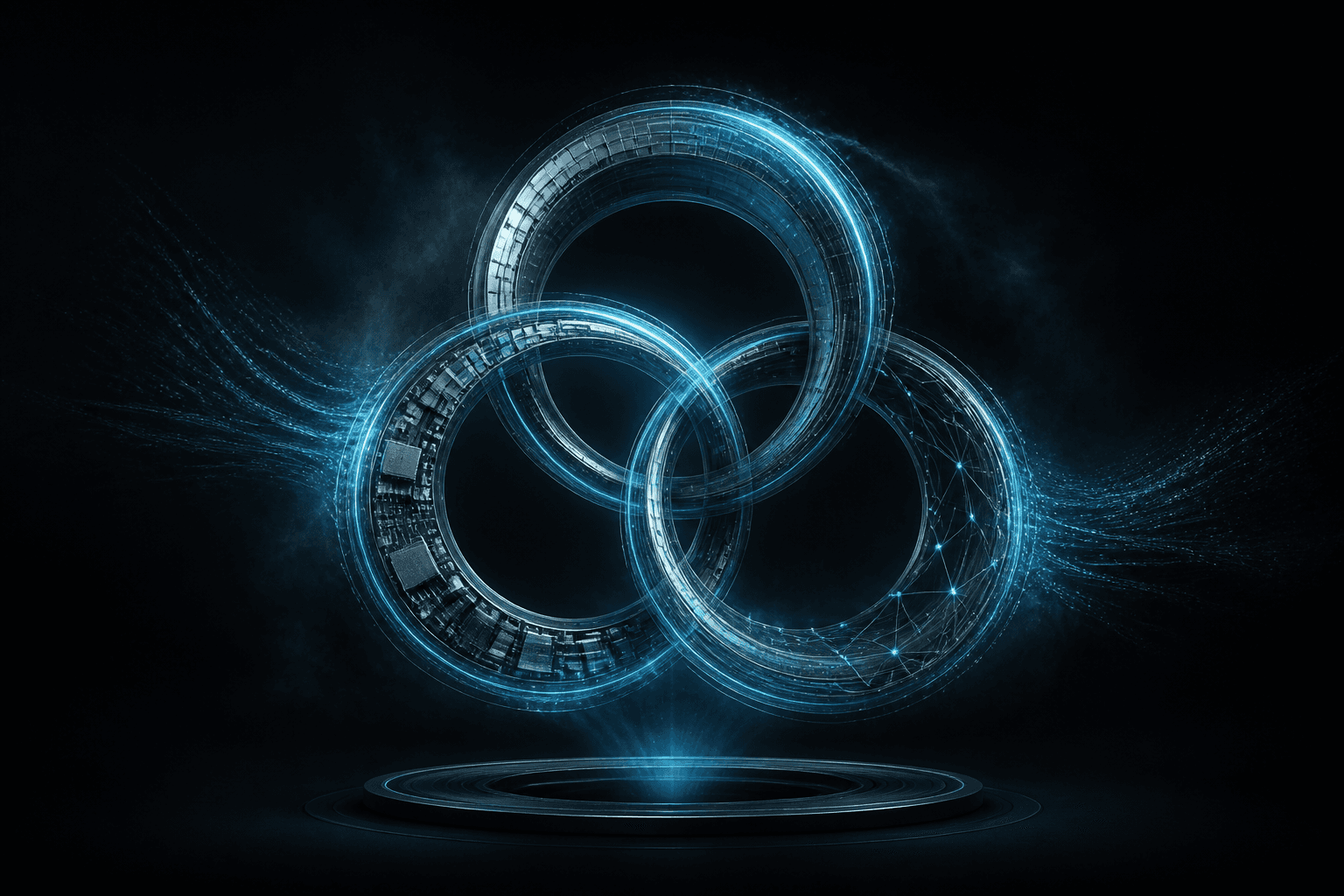 Abstract editorial hero: three interlocking rings of cyan light — software, silicon, and network — turning as one flywheel on a dark field.