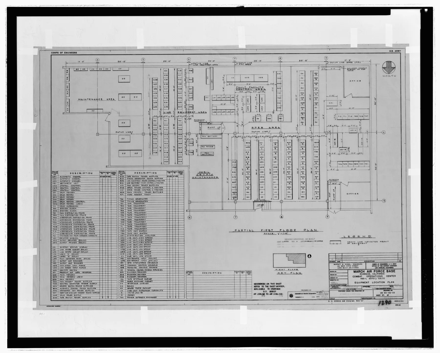 A 1962 measured drawing titled Equipment Location Plan, showing a combat operations center floor plan with a numbered legend identifying each processor, tape drive, and printer