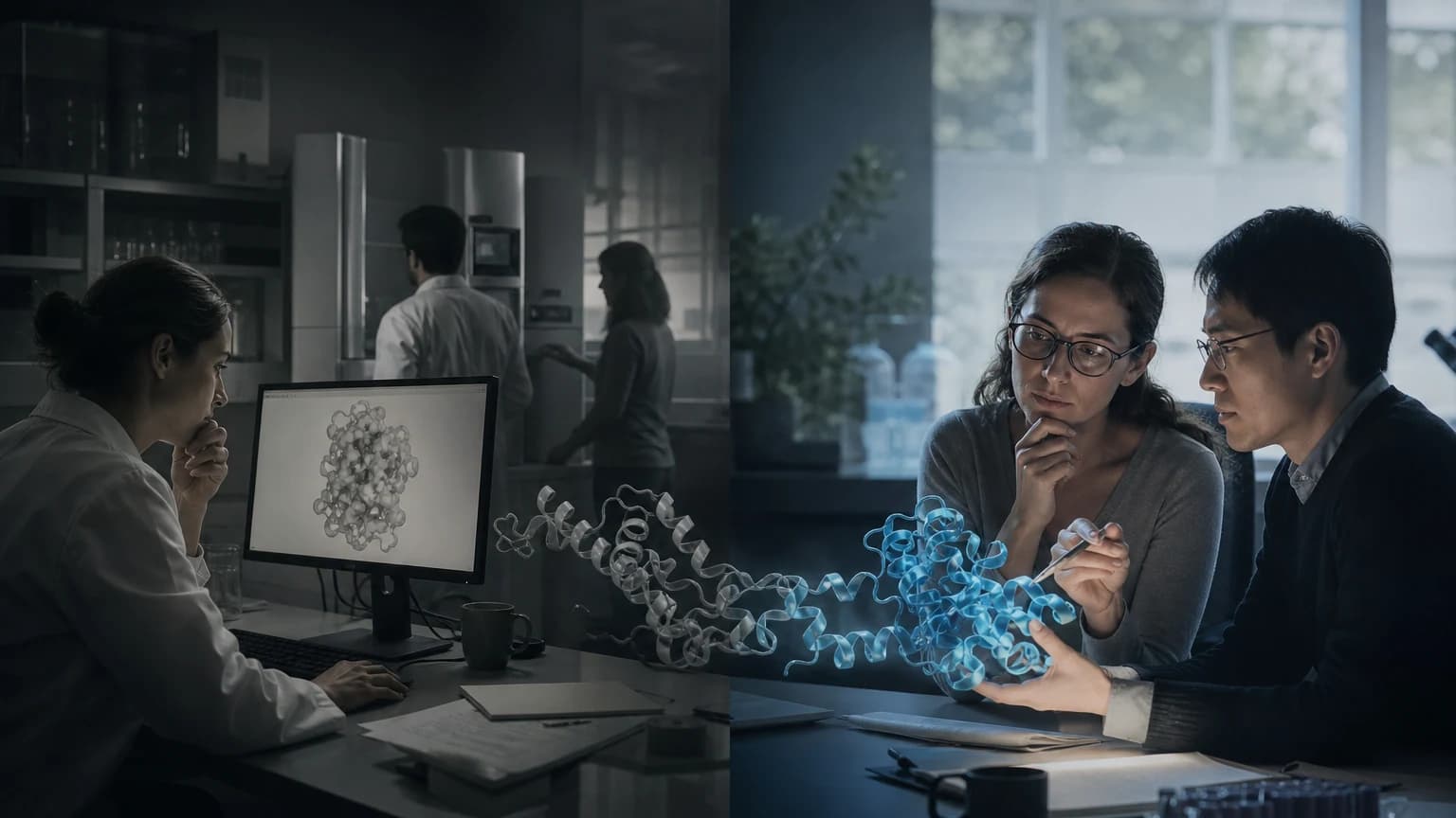 An editorial scene for Google DeepMind and EMBL-EBI contrasts search the much smaller experimental structure corpus or initiate a bespoke structure-determination project. with serves a precomputed predicted structure and confidence metrics for a queried protein sequence. in the alphafold protein structure database precomputed structure access workflow.