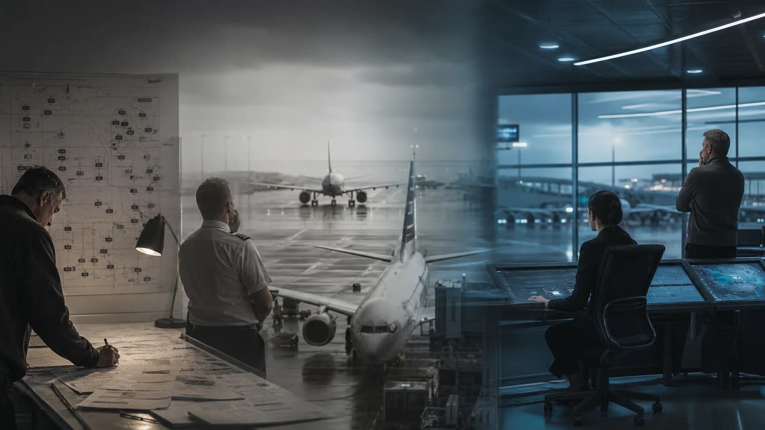 An editorial scene for American Airlines contrasts manually evaluates arrivals and assigns among 136 dfw gates. with combines real-time flight and operational data to assign the nearest available gate with the shortest taxi time. in the smart gating machine-learning gate assignment workflow.