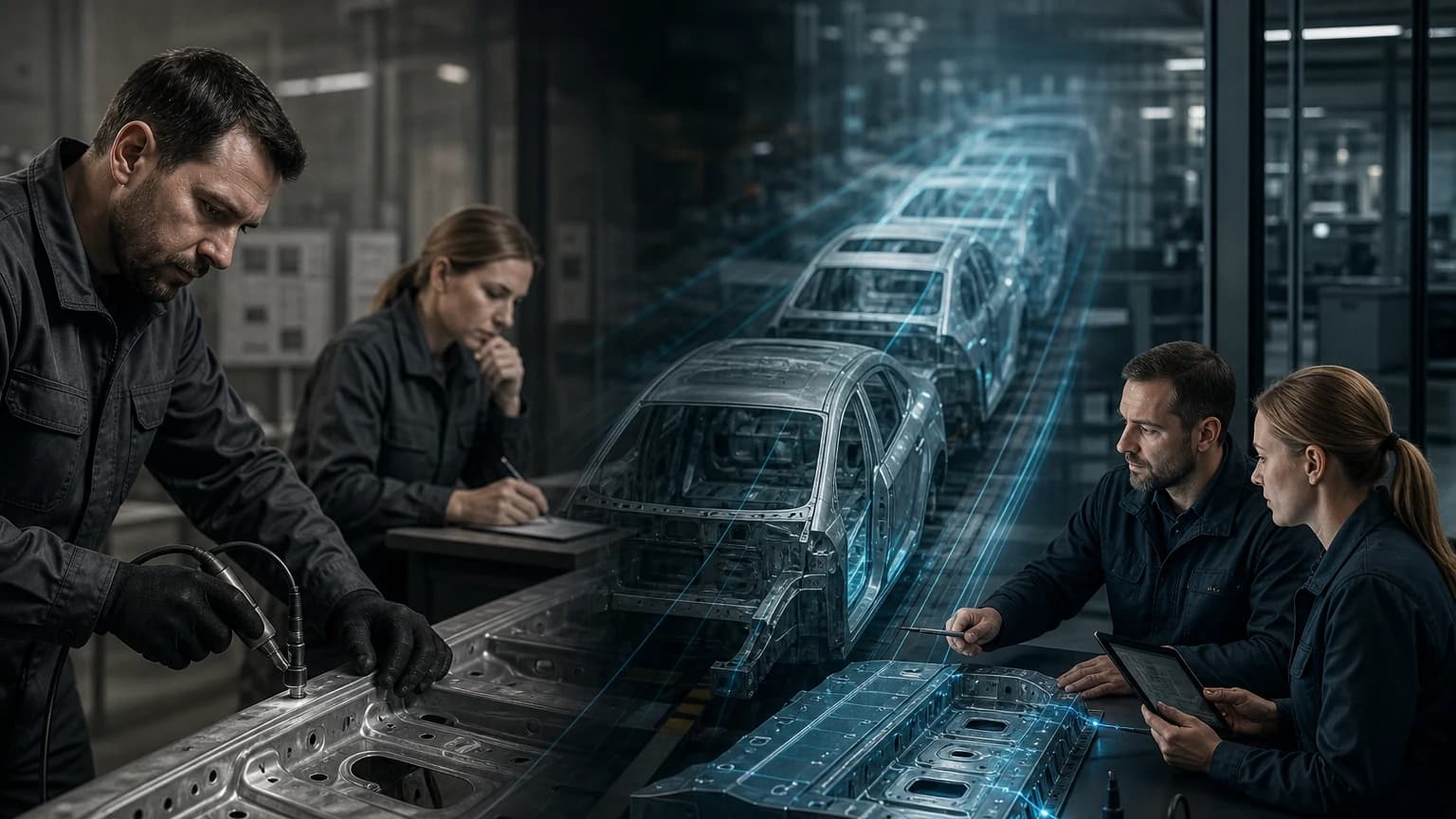 An editorial scene for Audi Neckarsulm contrasts uses ultrasound to inspect a random sample of resistance spot welds. with analyzes process data for approximately 1.5 million welds across 300 vehicles each shift. in the wps analytics full-population inspection workflow.