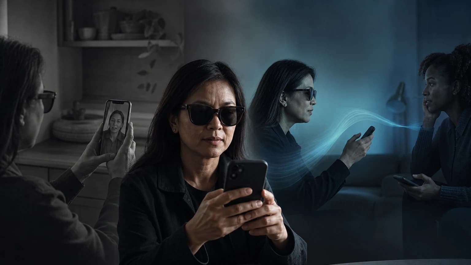 An editorial scene for Be My Eyes contrasts contacts a sighted volunteer or trusted person and shares a camera view. with captures an image and asks be my ai for a description or follow-up detail. in the conversational multimodal visual assistance through be my ai workflow.