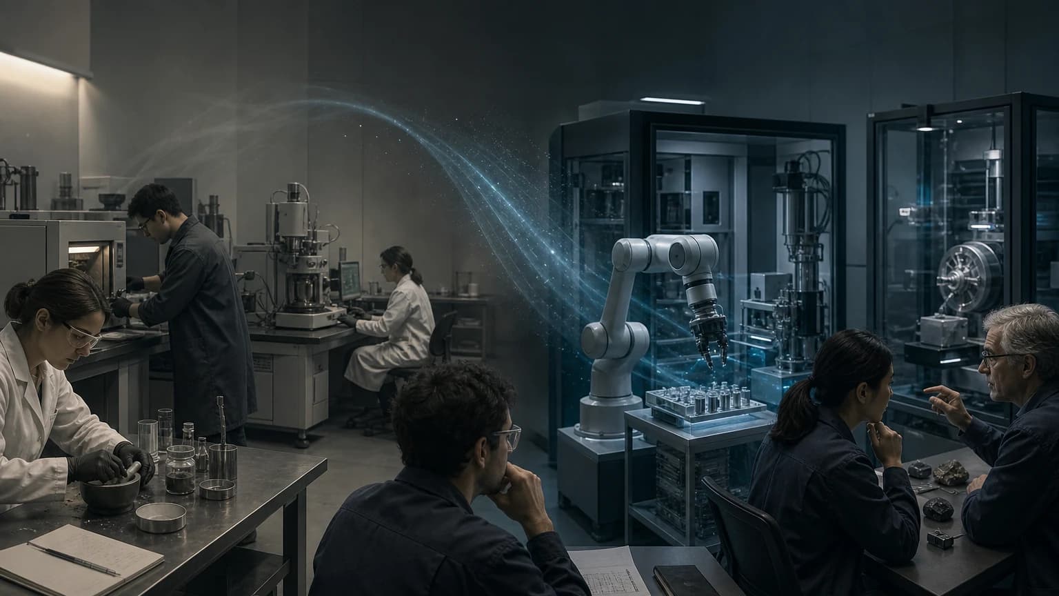 An editorial scene for Lawrence Berkeley National Laboratory and University of California, Berkeley contrasts select a target and design a synthesis recipe from literature and thermodynamics. with propose recipes and execute powder dosing, heating, and xrd characterization. in the a-lab closed-loop autonomous materials synthesis workflow.
