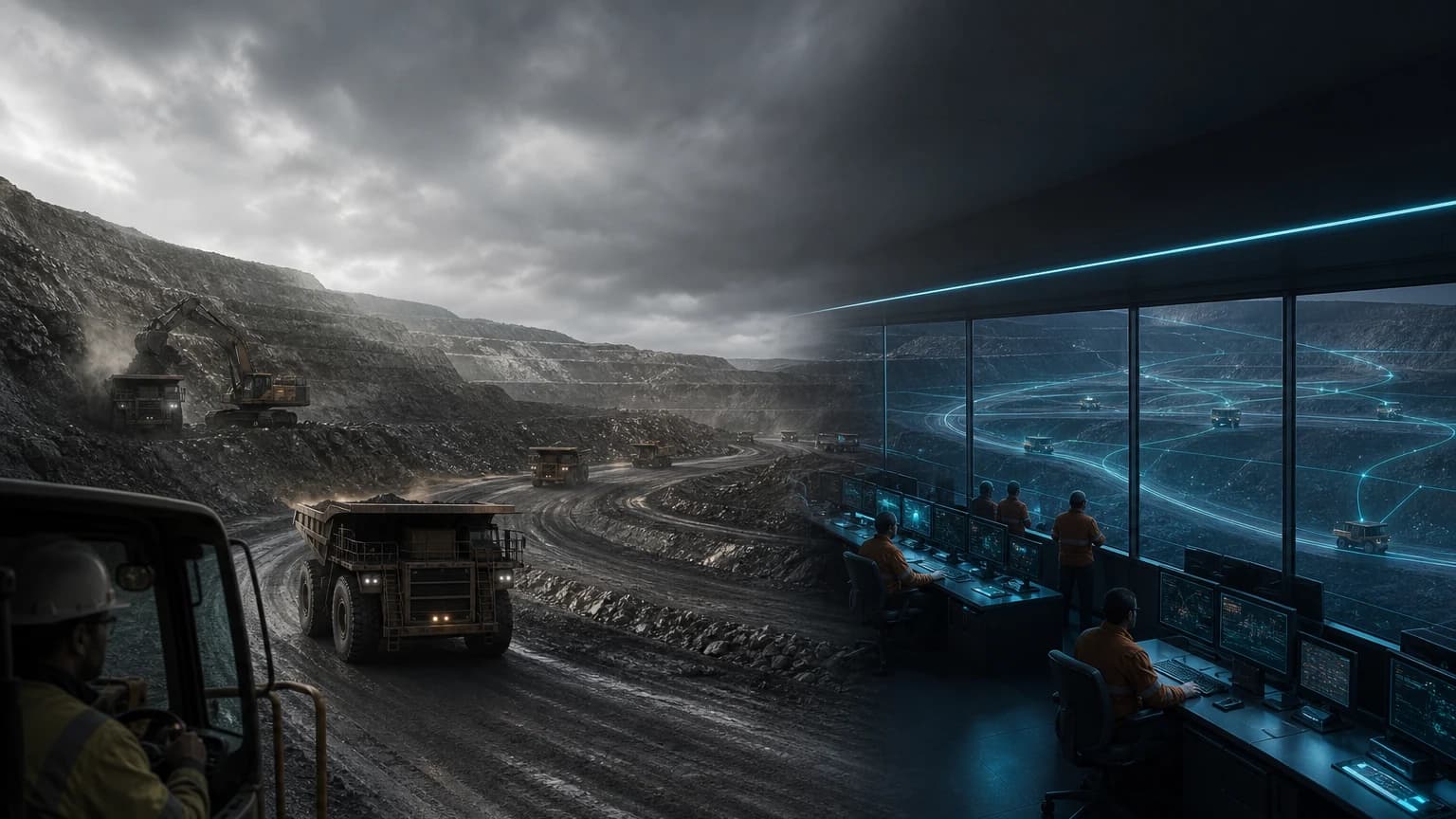 An editorial scene for BHP contrasts drive repeated loading, haul, dump, and return cycles in the open pit. with controls repeated haul-truck movement within the mine operating area. in the jimblebar fully autonomous haul-truck fleet workflow.