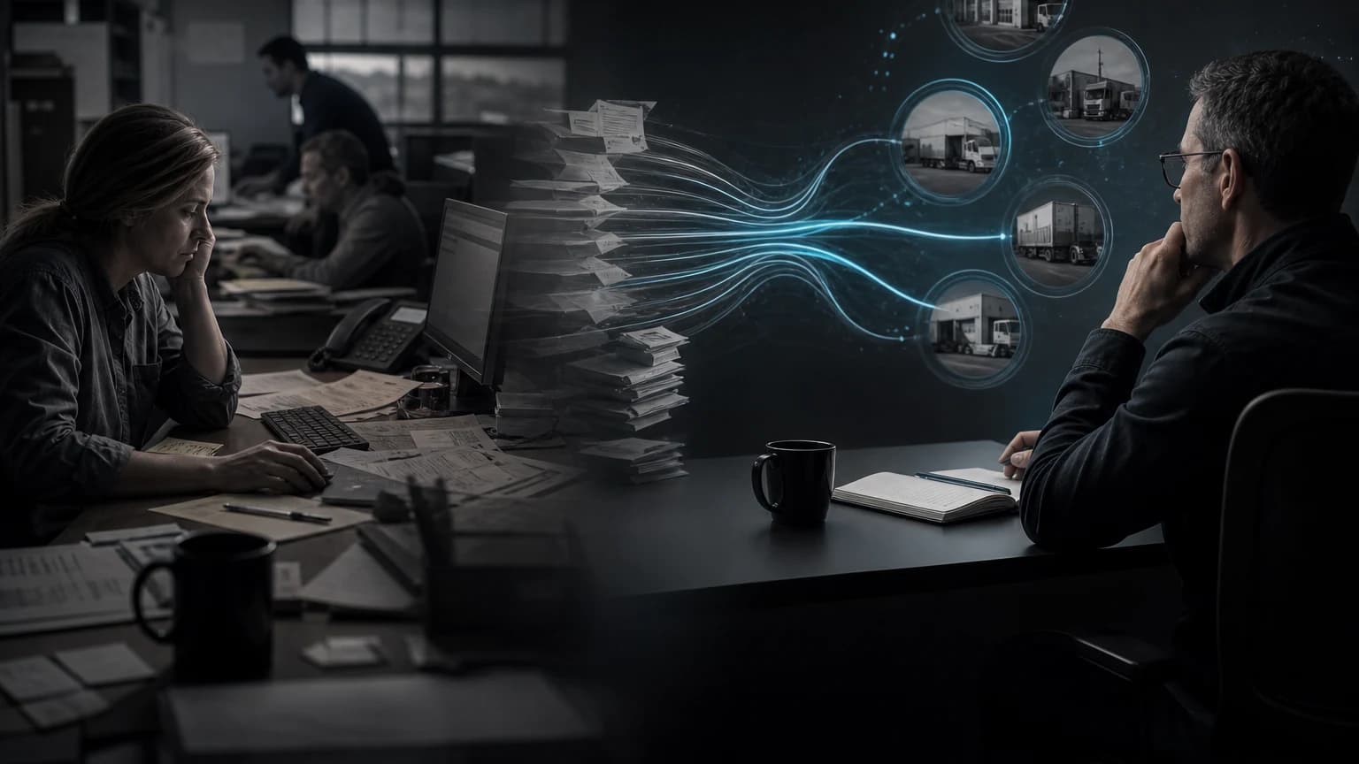 An editorial scene for C.H. Robinson contrasts manually creates the order and books pickup/delivery appointments, often taking hours or days. with processes orders in about 90 seconds and automates appointments across 42,000 locations with shipment agents. in the ai agents for orders and appointments inside always on logistics planner workflow.