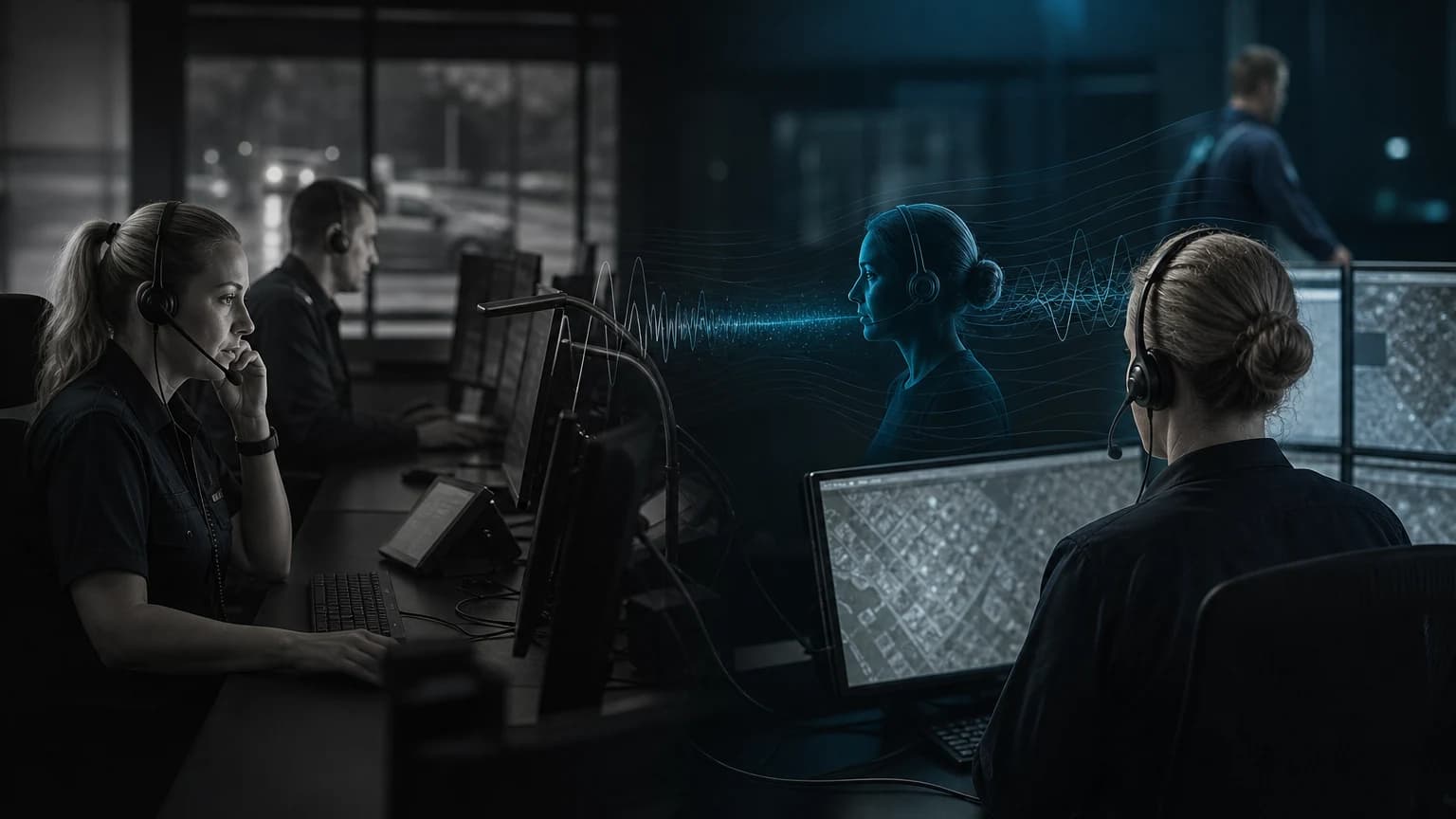 An editorial scene for Copenhagen Emergency Medical Services contrasts listen to the caller, recognize suspected cardiac arrest, and initiate the protocol. with listens to ongoing calls and flags suspected cardiac arrest. in the real-time ml listening and dispatcher cardiac-arrest alerts workflow.