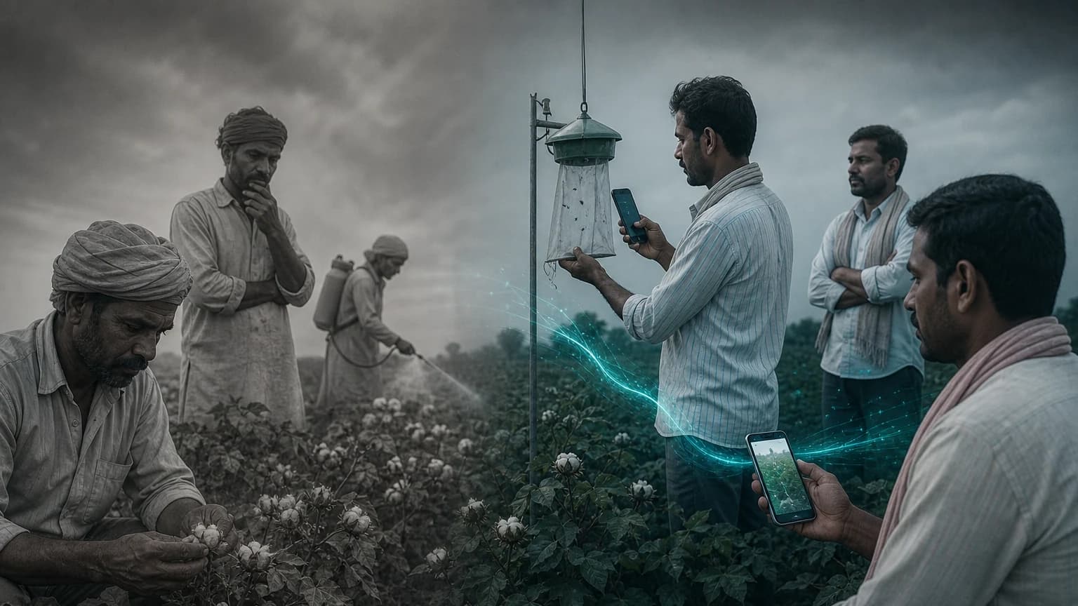 An editorial scene for Wadhwani AI CottonAce partner programs contrasts inspect fields and decide pesticide timing from experience, visible damage, or calendar practice. with checks pheromone traps weekly and uploads smartphone images. in the ai-counted pink-bollworm traps and threshold-based spray advisories workflow.