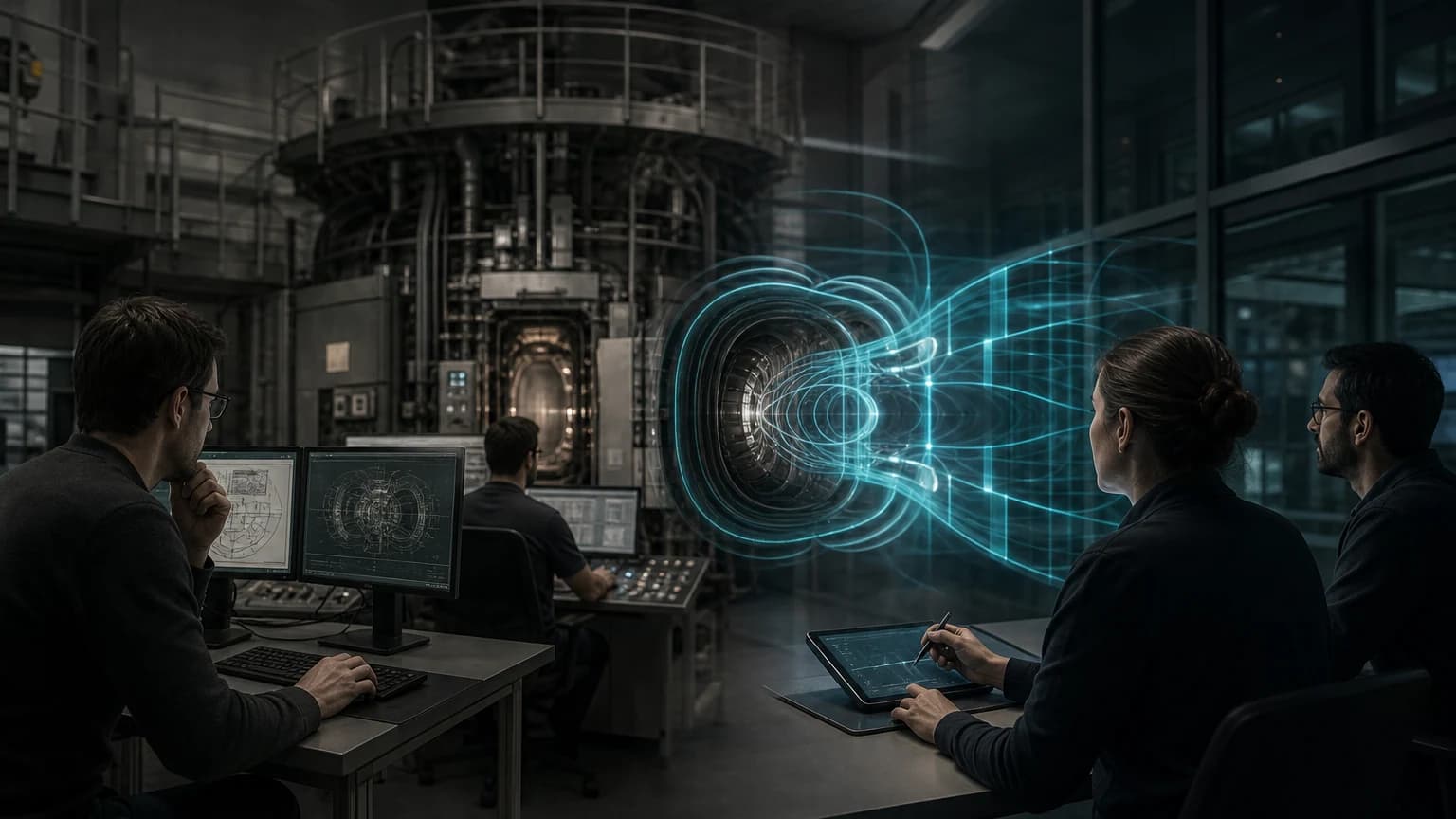 An editorial scene for Swiss Plasma Center at EPFL and Google DeepMind contrasts designs a controller for a predefined plasma state and configuration. with specifies plasma shape, current, and location objectives. in the deep-reinforcement-learning magnetic control on the tcv tokamak workflow.