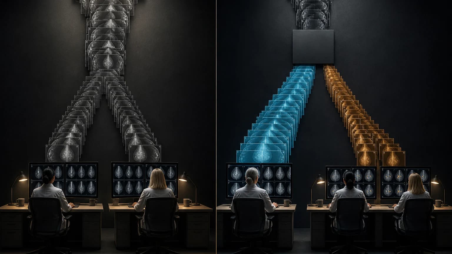 Every mammogram flowing to two readers contrasts with a larger single-read lane and a smaller double-read lane.