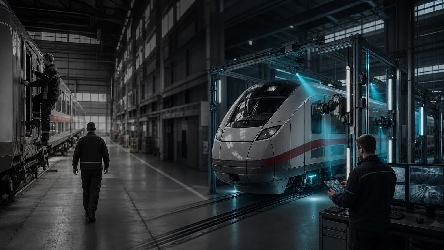 An editorial scene for Deutsche Bahn contrasts physically walks around and climbs onto trains to inspect for damage. with capture exterior, underbody, and roof imagery as the train enters the plant. in the e-check camera-gate, ai diagnostics, and robotic inspection workflow.
