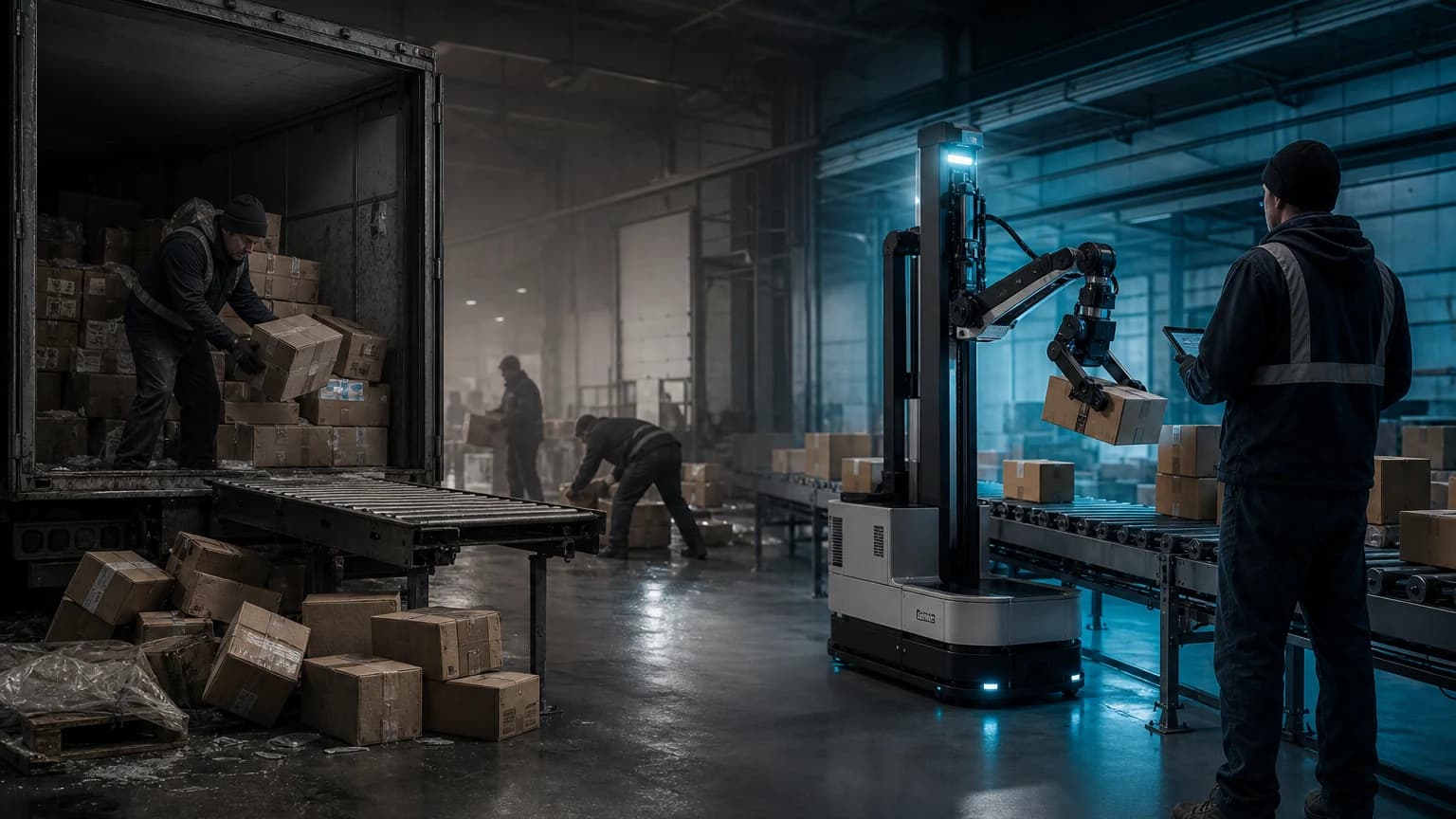 An editorial scene for DHL Supply Chain contrasts enter the trailer, identify each case, lift it, and place it onto a conveyor. with uses perception and a robotic arm to identify, grasp, and place cases from the trailer onto a conveyor. in the boston dynamics stretch robotic case unloading workflow.