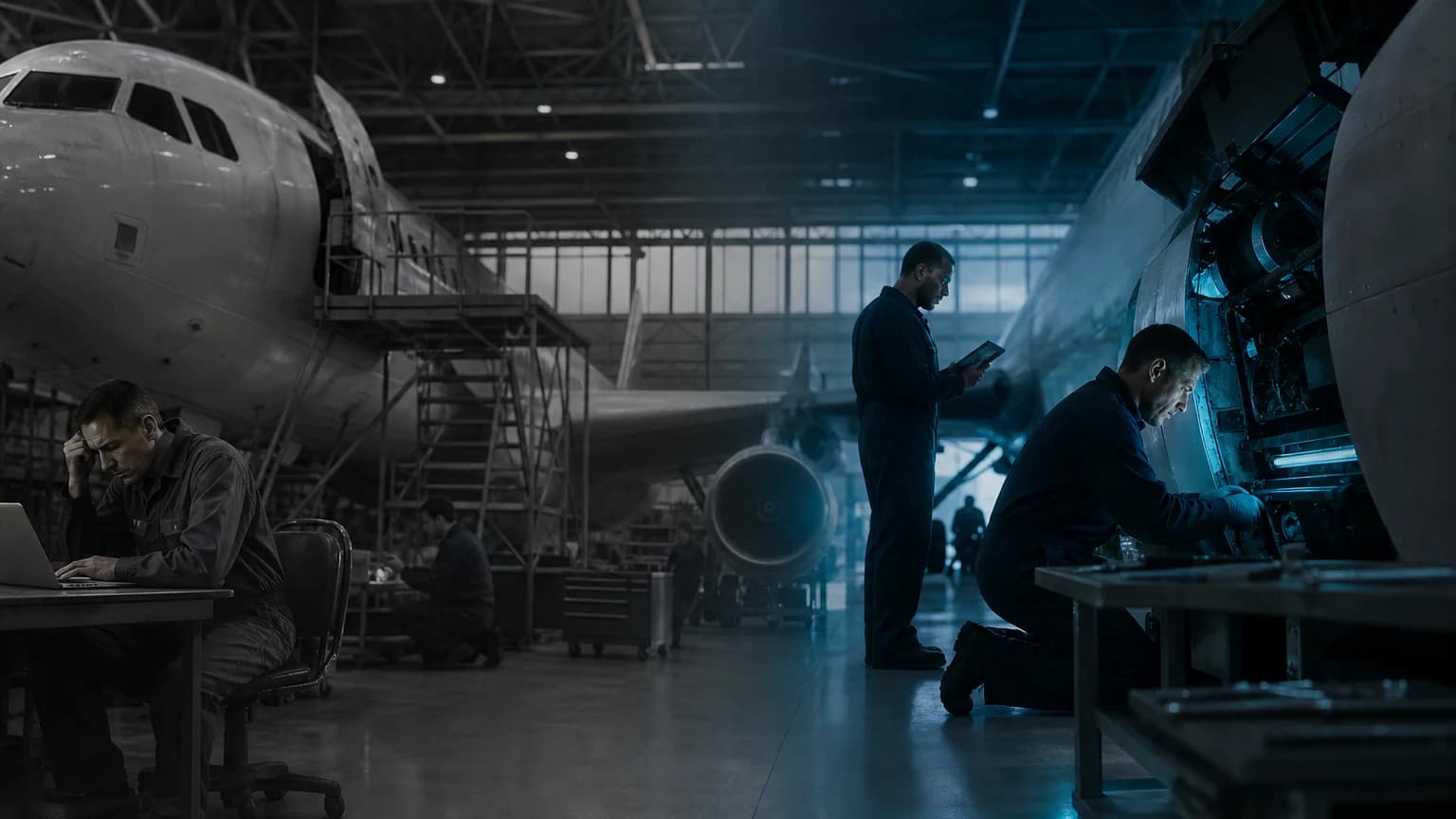 An editorial scene for easyJet with Airbus Skywise contrasts generate fault indications after thresholds are breached or components fail. with analyze aircraft sensor and maintenance data to predict impending component failures. in the skywise fleet performance+ predictive maintenance workflow.