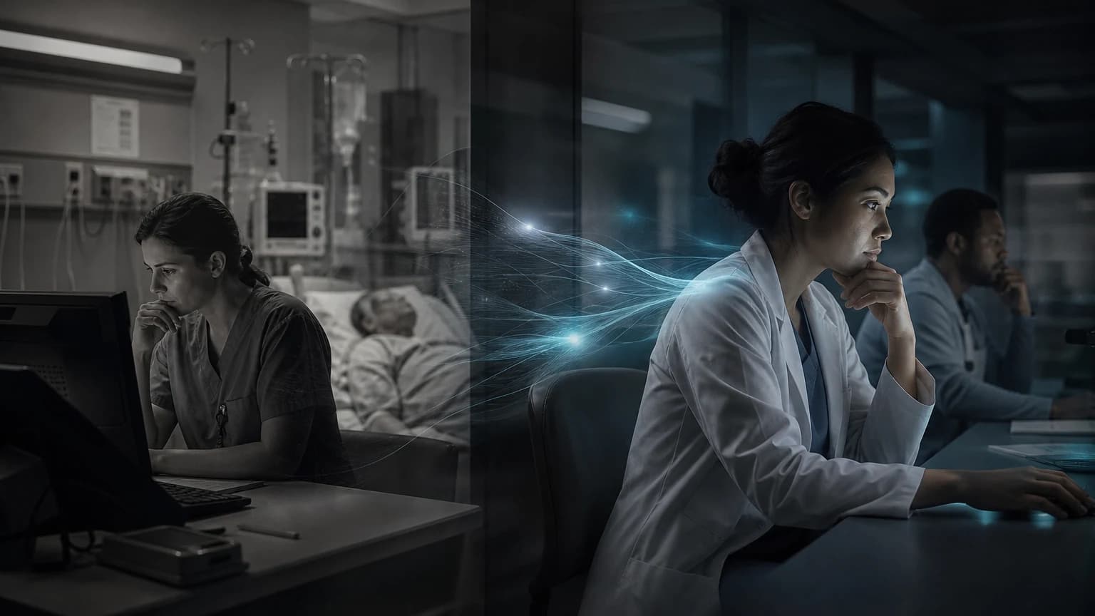 An editorial scene for Michigan Medicine / Epic Sepsis Model v1 contrasts monitor admitted patients and recognize sepsis through contemporary clinical practice. with calculates a proprietary risk score every 15 minutes and generates alerts at the selected threshold. in the real-time proprietary sepsis alerts workflow.