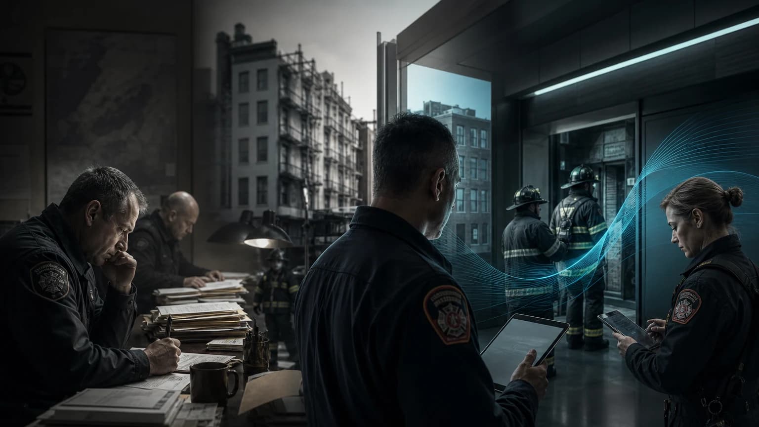 An editorial scene for New York City Fire Department contrasts select and schedule inspectable buildings from policy requirements and local information. with scores and ranks buildings from fire history, characteristics, violations, complaints, and other risk factors. in the firecast risk-ranked inspection lists through rbis workflow.
