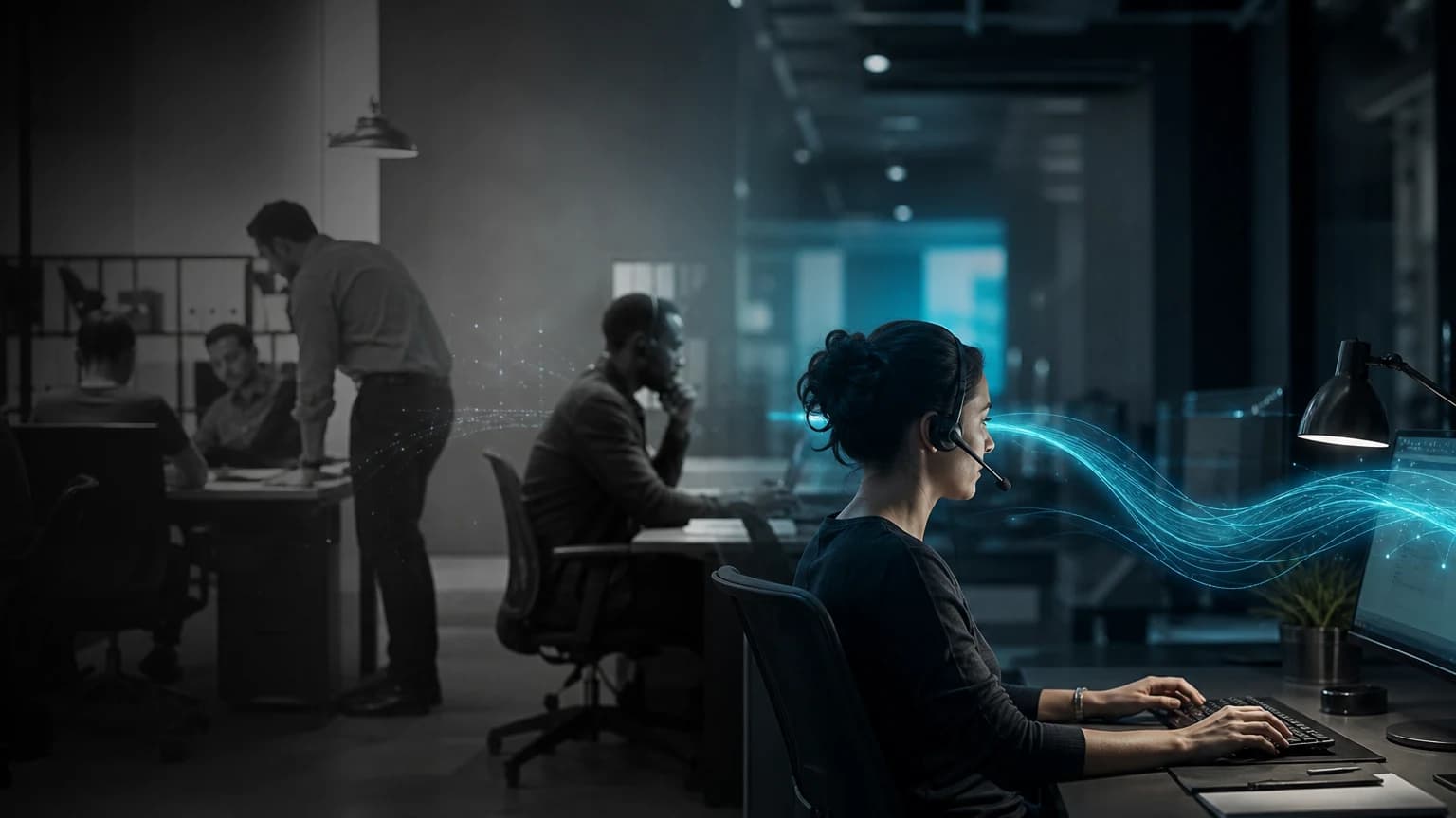 An editorial scene for Anonymous Fortune 500 software company contrasts reads the incoming chat, searches available knowledge, and drafts a response. with observes the live chat and proposes response text based on patterns from prior interactions. in the generative ai agent assistance workflow.