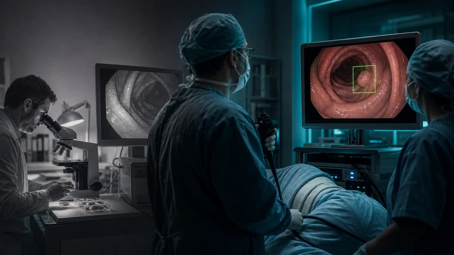 An editorial scene for Three Italian endoscopy centers using GI Genius contrasts inspect the live colonoscopy feed and visually identify suspected lesions. with processes the live video and superimposes a green box over a suspected lesion. in the real-time ai computer-aided adenoma detection during colonoscopy workflow.