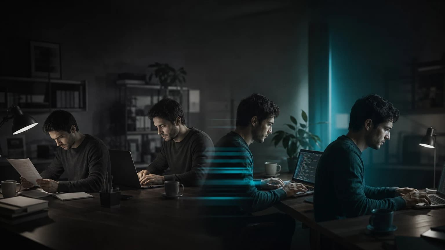 An editorial scene for GitHub Copilot research experiment contrasts reads the http-server specification and writes javascript without copilot. with offers inline code completions while the developer implements the same server task. in the ai pair-programmed http server workflow.