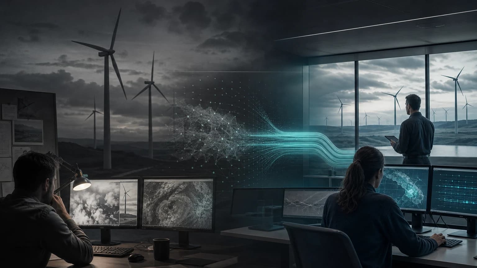 An editorial scene for Google and Google DeepMind contrasts estimate uncertain output without the ml forecast and avoid firm hourly commitments. with predicts wind output 36 hours ahead from weather forecasts and turbine history. in the ml-recommended hourly wind-energy delivery commitments workflow.