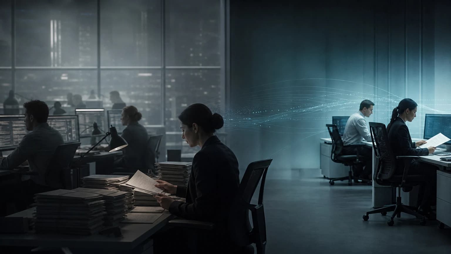 An editorial scene for HSBC contrasts screen transactions against predefined parameters and generate alerts. with score transactions and identify suspicious activity using an ai model trained on hsbc data. in the dynamic risk assessment transaction monitoring workflow.