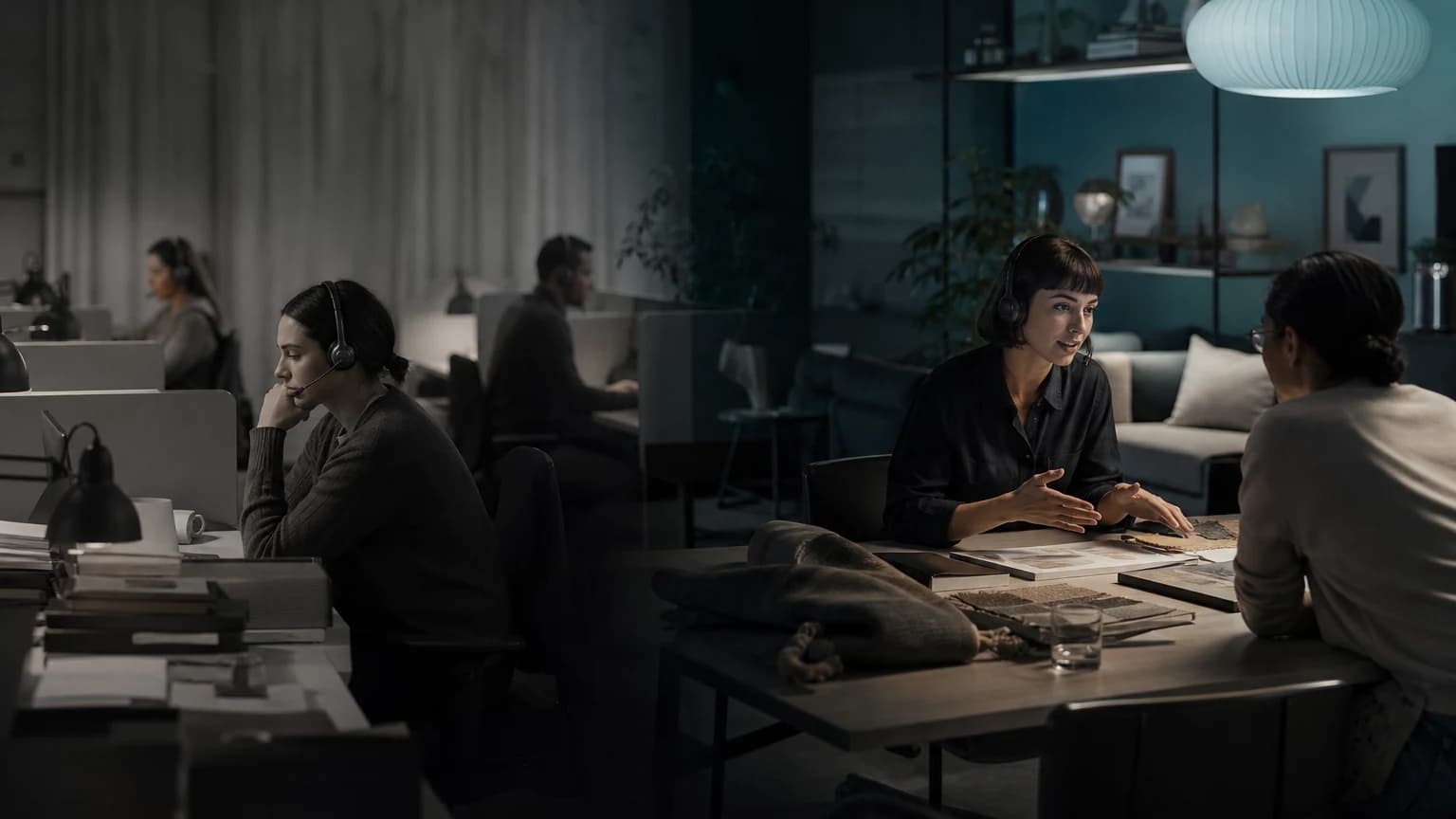 An editorial scene for IKEA (Ingka Group) contrasts receive routine customer enquiry with resolve routine customer enquiry in the contact-center reskilling workflow.