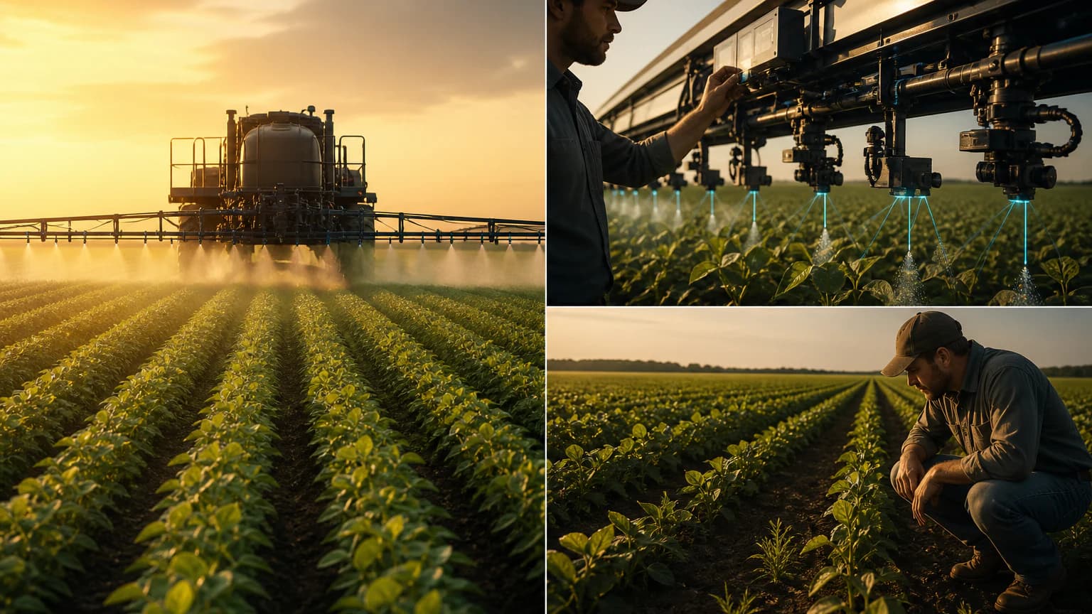 Uniform herbicide broadcast across a field contrasts with camera-guided nozzles targeting individual weeds under a grower-set threshold.