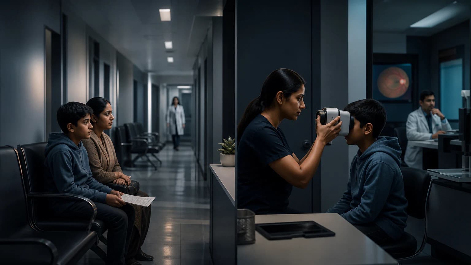 A family waiting for a separate eye appointment contrasts with retinal imaging performed during an existing clinic visit.