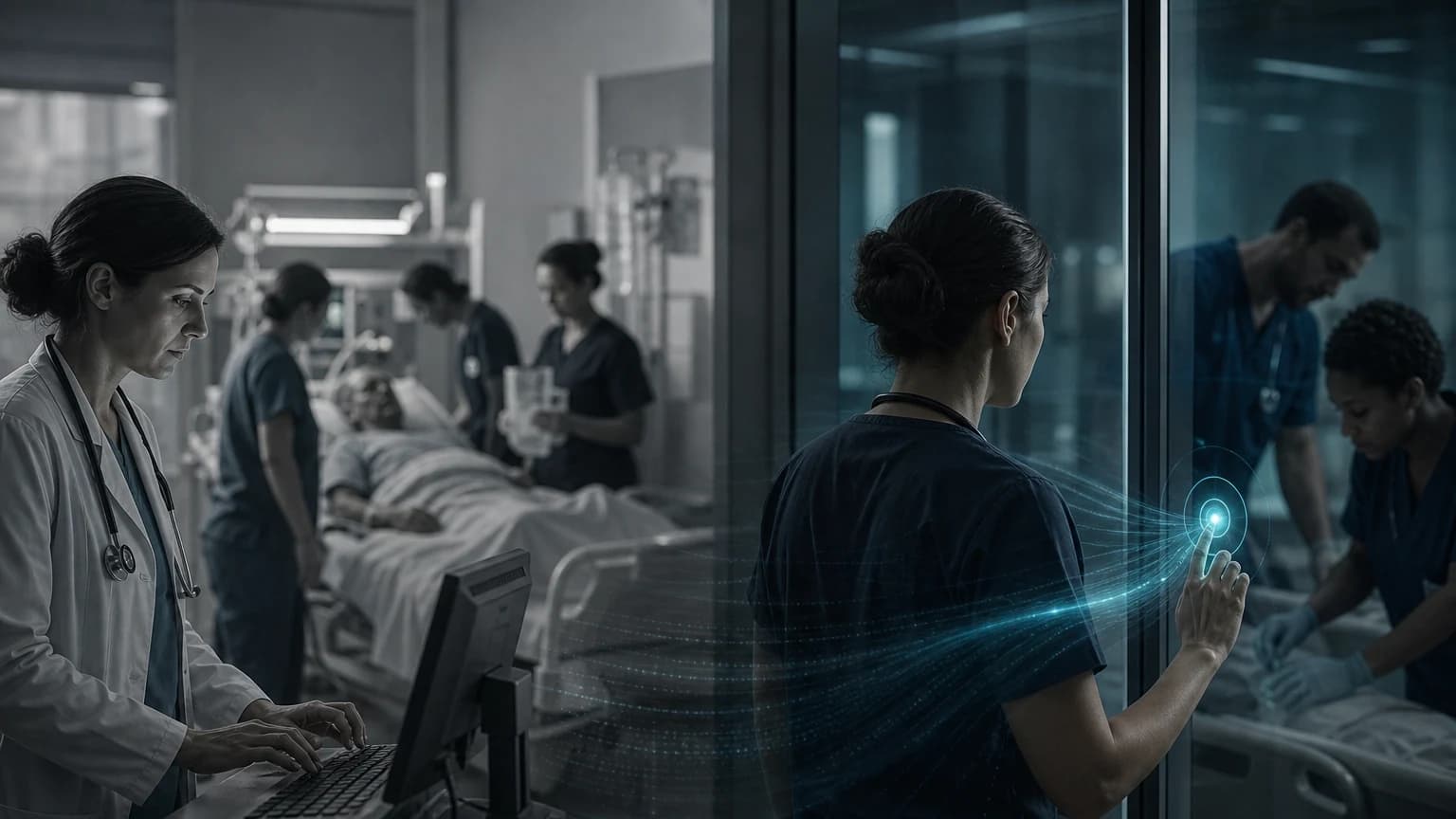An editorial scene for Johns Hopkins Health System contrasts recognizes possible sepsis through ordinary ehr review and clinical presentation. with continuously monitors ehr data and passively displays a clickable alert icon when criteria are met. in the trews provider-confirmed early warning workflow.