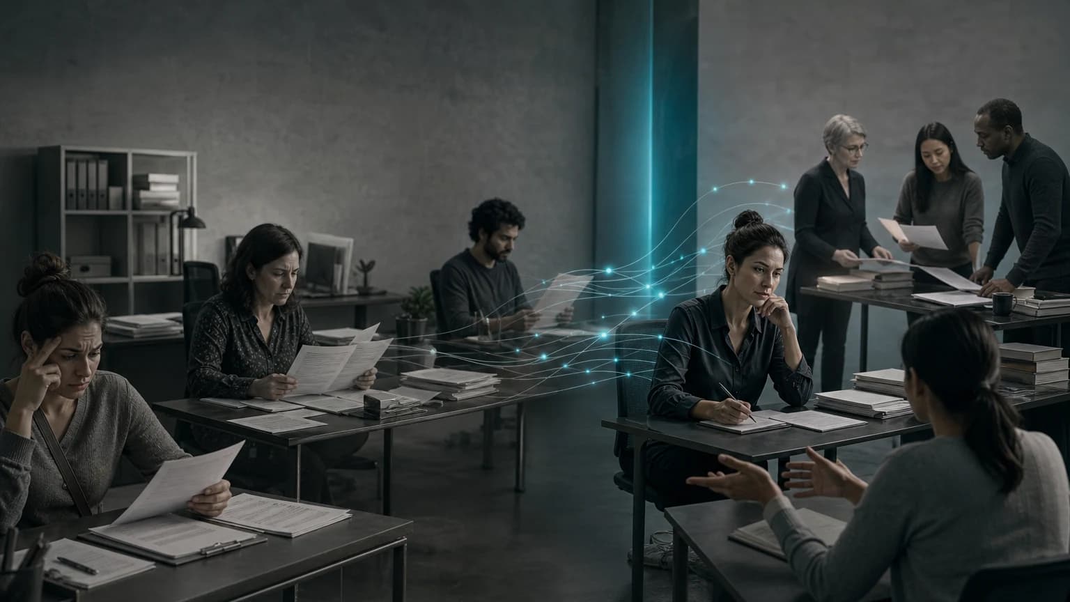 An editorial scene for Justice Connect contrasts selects a legal category from a fixed list, often choosing the wrong area or 'something else'. with describes the legal problem in ordinary language without selecting an area of law. in the free-text legal-problem classification workflow.