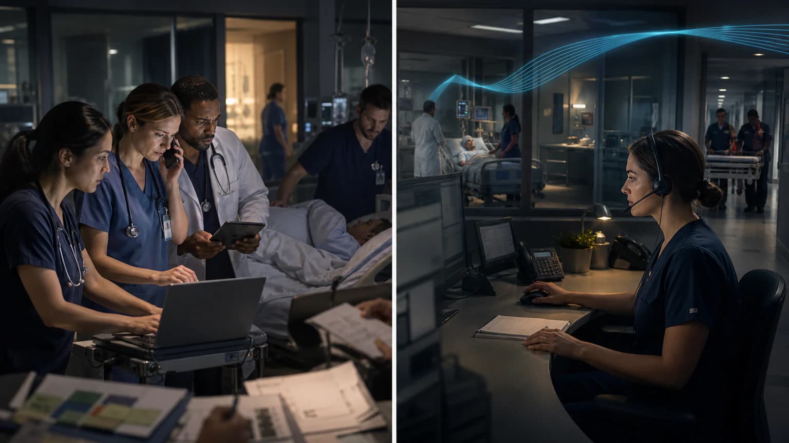 Direct bedside alert burden contrasts with a remote nurse validating predictive signals before activating a local clinical response.