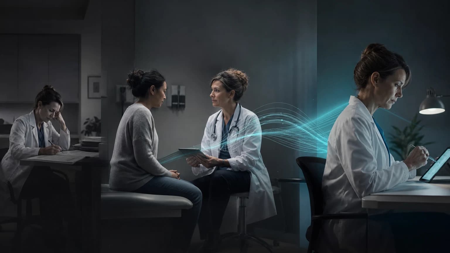 An editorial scene for The Permanente Medical Group contrasts conducts the visit while taking notes or reconstructs the encounter afterward. with transcribes the encounter without retaining audio and generates a draft clinical note. in the ambient ai draft-note generation during patient encounters workflow.