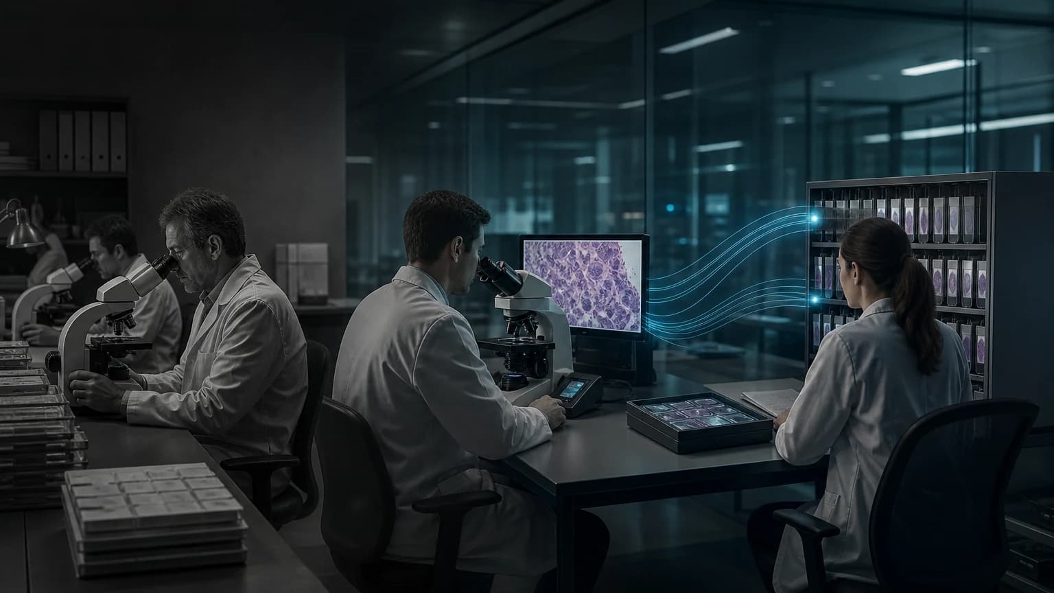 An editorial scene for Maccabi Healthcare Services contrasts perform primary diagnosis on prostate biopsies with perform primary diagnosis on prostate biopsies in the prostate pathology quality control workflow.
