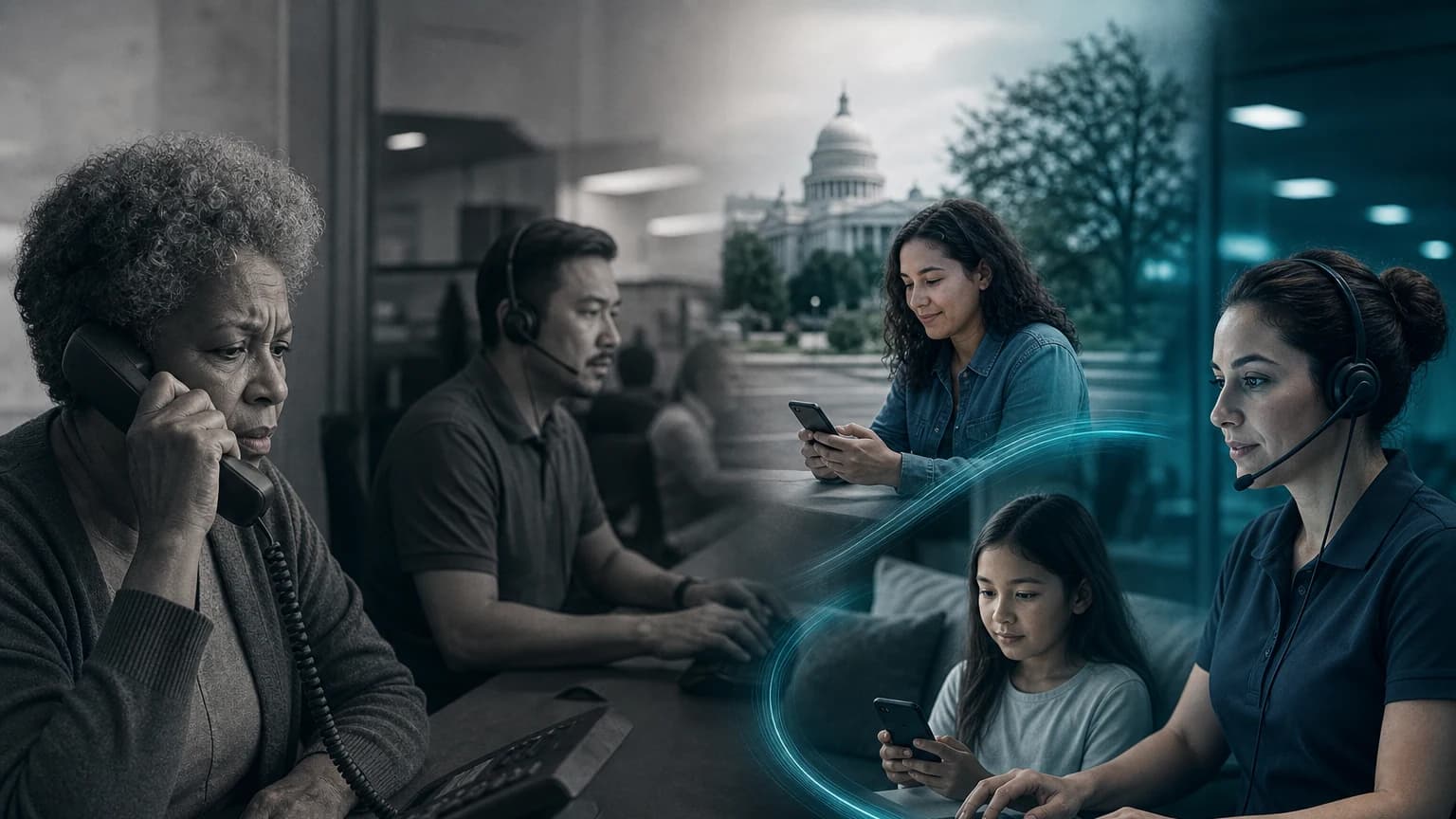An editorial scene for Montgomery County, Maryland contrasts calls mc311 and waits for a customer-service representative. with answers information requests and directs residents across covered 311 topics and languages. in the monty conversational assistant for county services workflow.