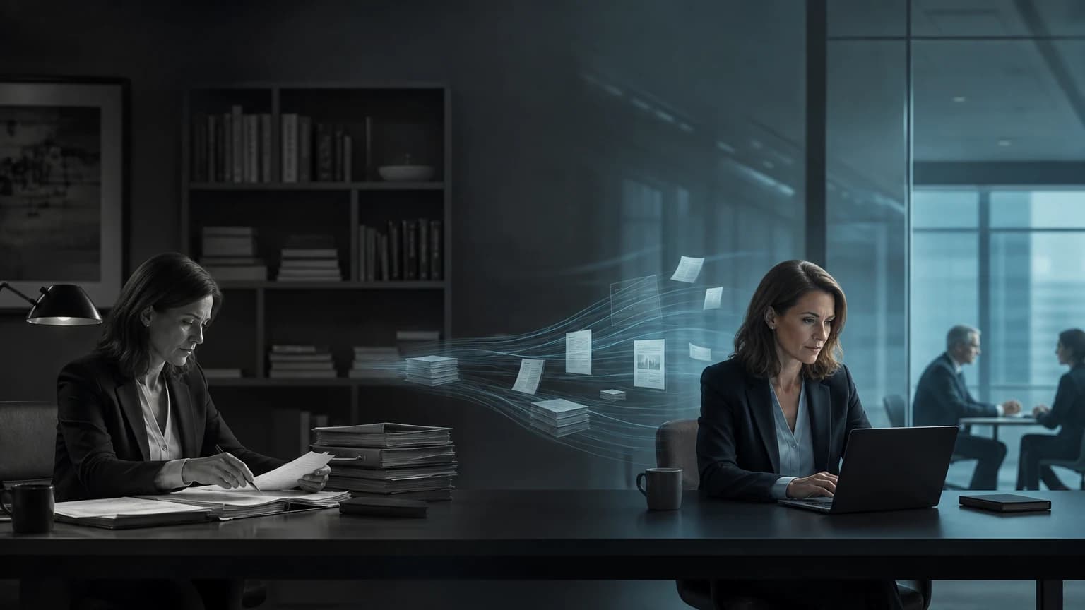 An editorial scene for Morgan Stanley Wealth Management contrasts searches firm research, policies, and intellectual capital across documents. with retrieves from the controlled firm corpus and generates an answer to the advisor's internal question. in the ai at morgan stanley assistant workflow.