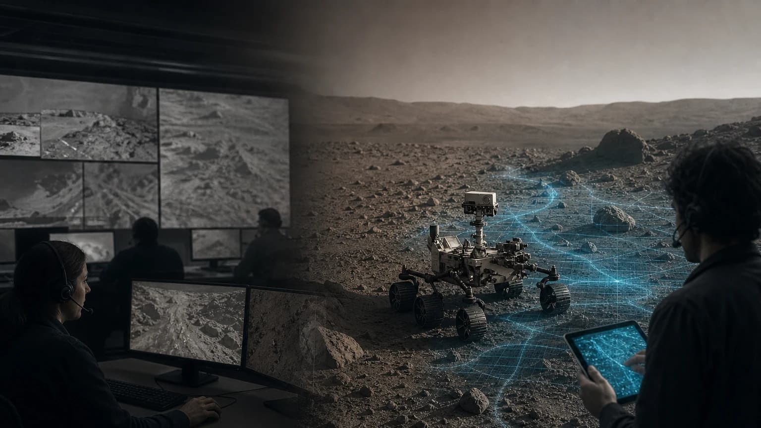 An editorial scene for NASA JPL contrasts use orbital and rover imagery to define route goals and commanded drive segments. with builds local terrain maps, checks collision/slip risk, and selects paths onboard. in the perseverance enhanced autonomous navigation workflow.