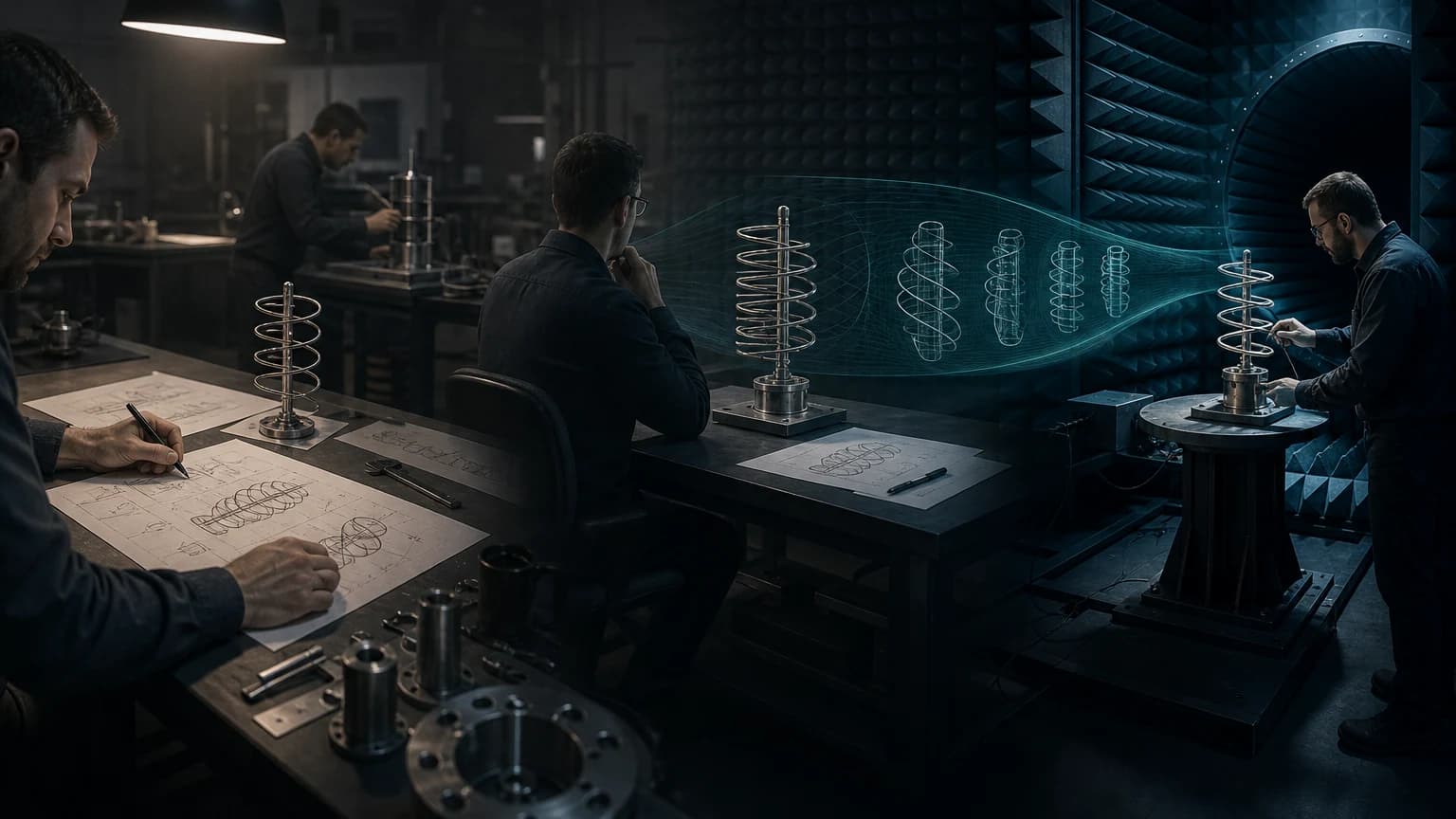 An editorial scene for NASA contrasts manually design antenna (e.g., quadrifilar helix) based on mission requirements with define fitness function and mission constraints in the st5 evolved antenna (computer-automated design) workflow.