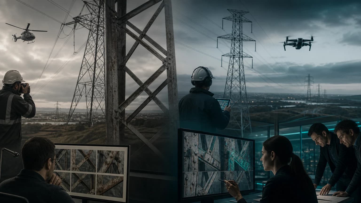 An editorial scene for National Grid Electricity Transmission contrasts captures close-up pylon images. with captures high-definition images near live pylons under central control. in the vicap autonomous drone capture and ai corrosion grading workflow.