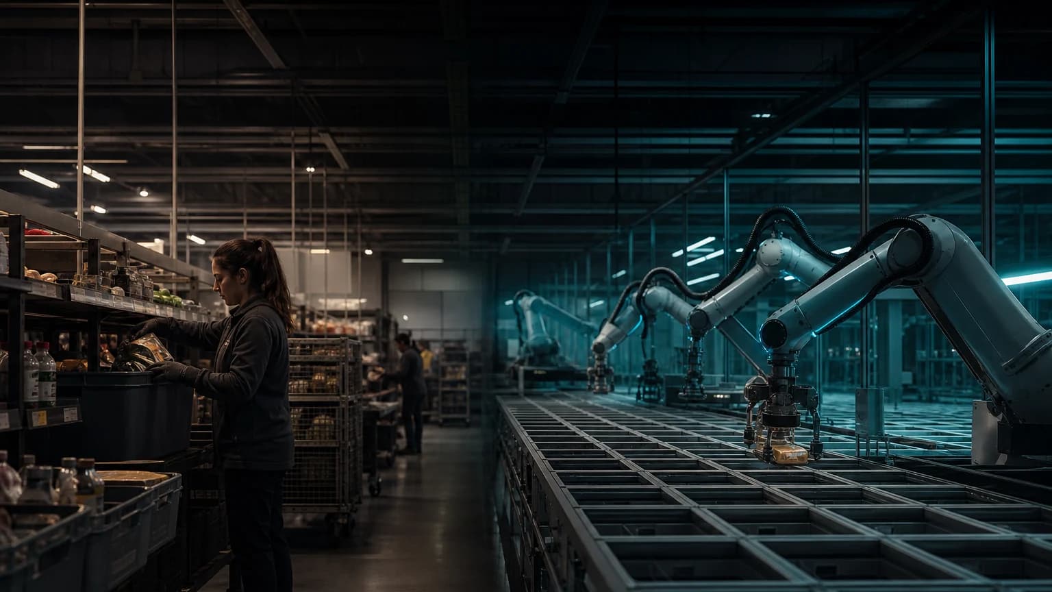 An editorial scene for Ocado Group / Ocado Retail contrasts retrieves and picks grocery items through the established cfc process. with selects eligible grocery items robotically from the storage grid. in the on-grid robotic pick at luton cfc workflow.